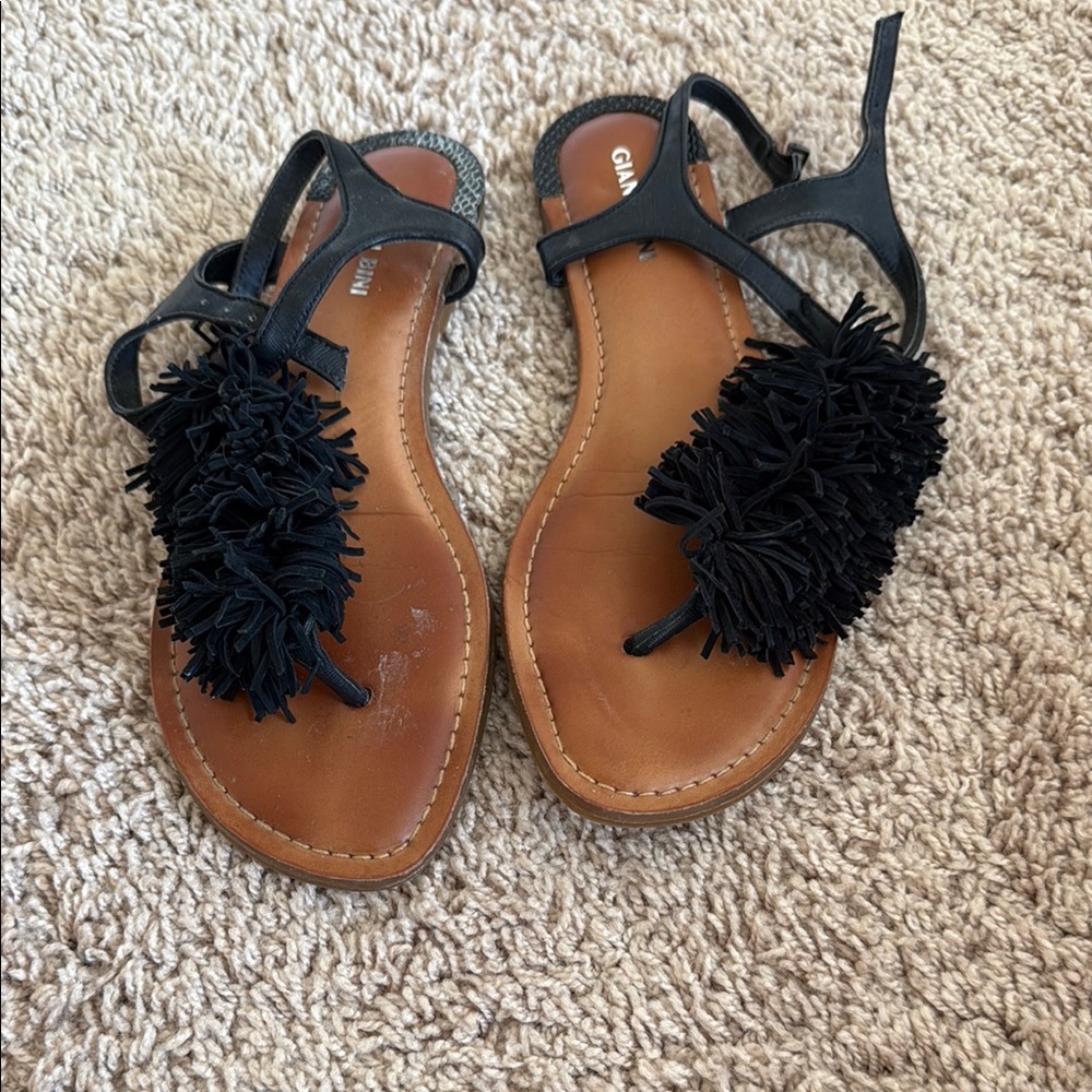 Gianni Bini Black and Brown Sandals with Pom Pom Accents